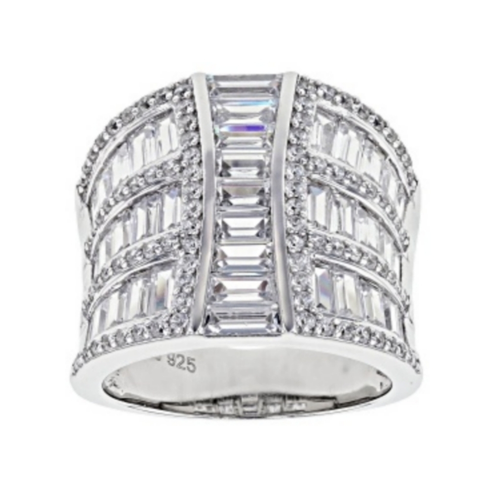 Tapered Baguette & Round White Diamond Sterling Silver Ring Sz 8